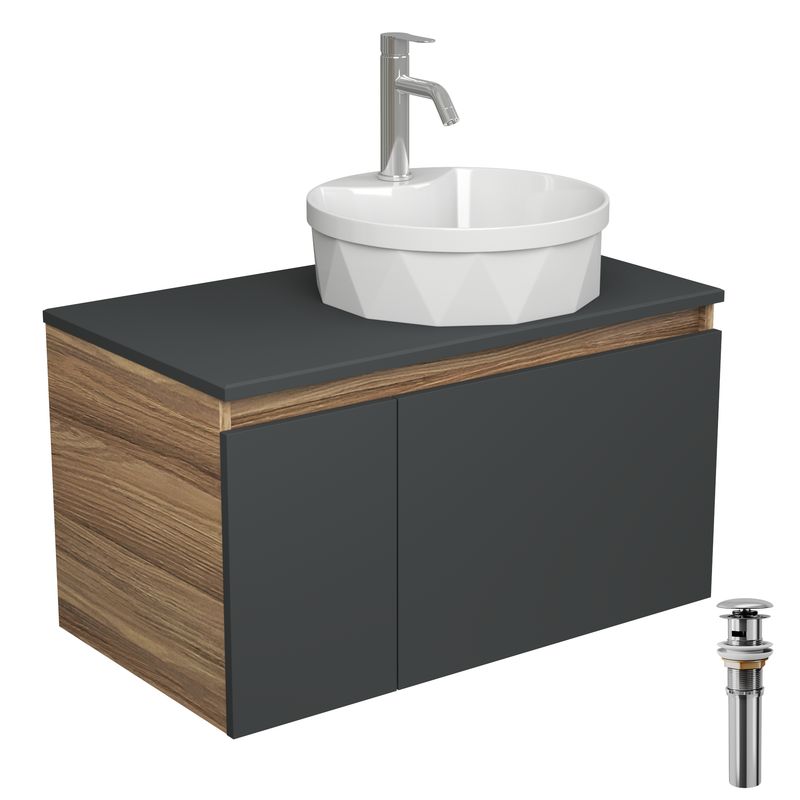 Комплект для ванной, 4 предмета (Тумба подвесная Bau Blackwood 80 графит + Раковина BAU D40, с отв. под см-ль, Смеситель Dream, нерж. сталь, выпуск)