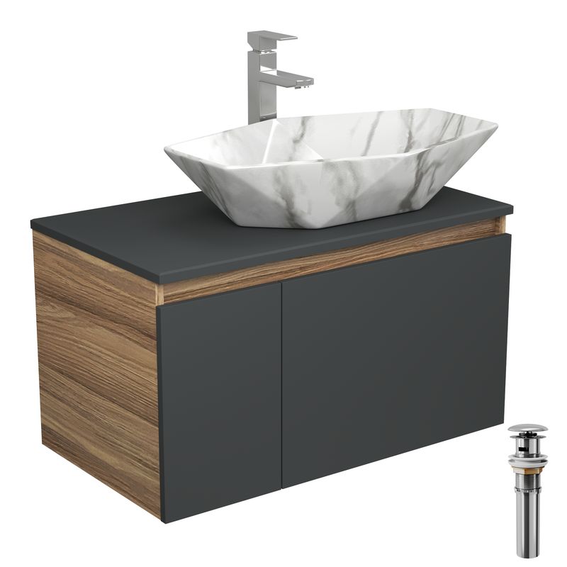 Комплект для ванной, 4 предмета (Тумба подвесная Bau Blackwood 80 графит + Раковина BAU 64х40, мрамор, Смеситель Hotel Still, нерж. сталь, выпуск)