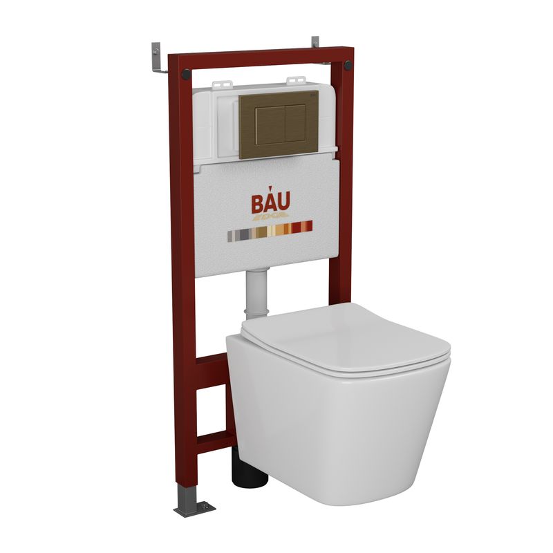 Комплект BAU 6 в 1: инсталляция BAU PRO, Унитаз подвесной безободковый Bau Stil 49x35, сиденье дюропласт микролифт, клавиша BAU Stil, бронза