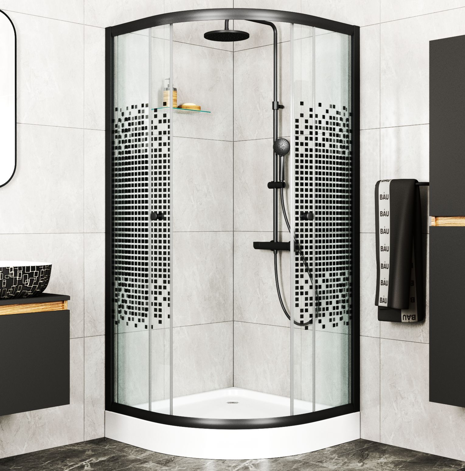 Душевой уголок BAU Dream с поддоном 90x90х195, прозрачное закаленное стекло с черной мозаикой 5 мм, черный матовый профиль