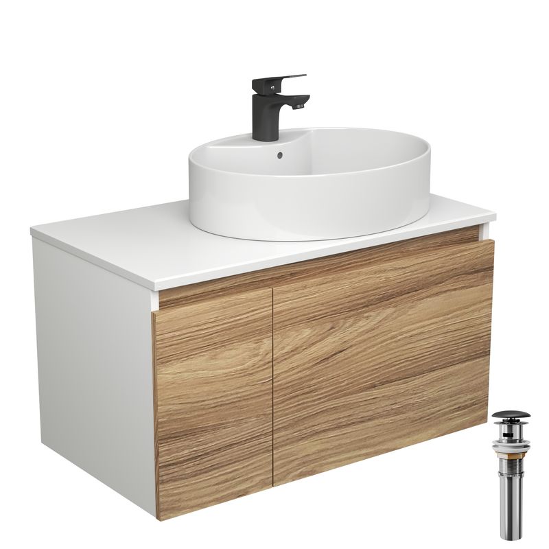 Комплект для ванной, 4 предмета (Тумба подвесная Bau Blackwood 80 + Раковина BAU 51х41, с отв. под см-ль + Смеситель Cerama Black, выпуск черный)