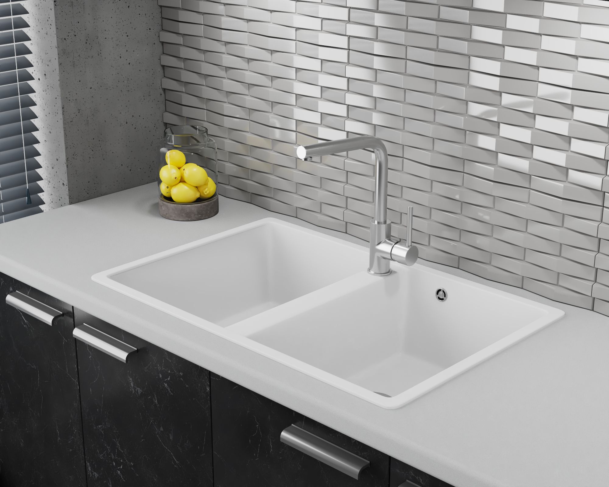 Мойка для кухни двойная чаша BAU Stil White snow 77х50, выпуск с сифоном в комплекте, белый снег
