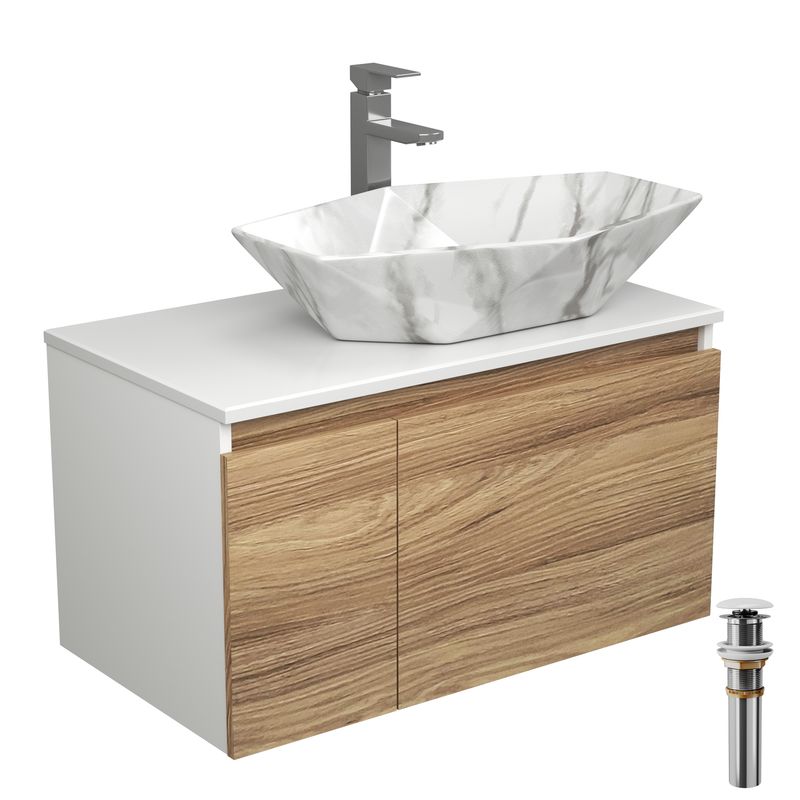 Комплект для ванной, 4 предмета (Тумба подвесная Bau Blackwood 80 + Раковина BAU 64х40, мрамор + Смеситель Hotel Still, нерж. сталь, выпуск белый)