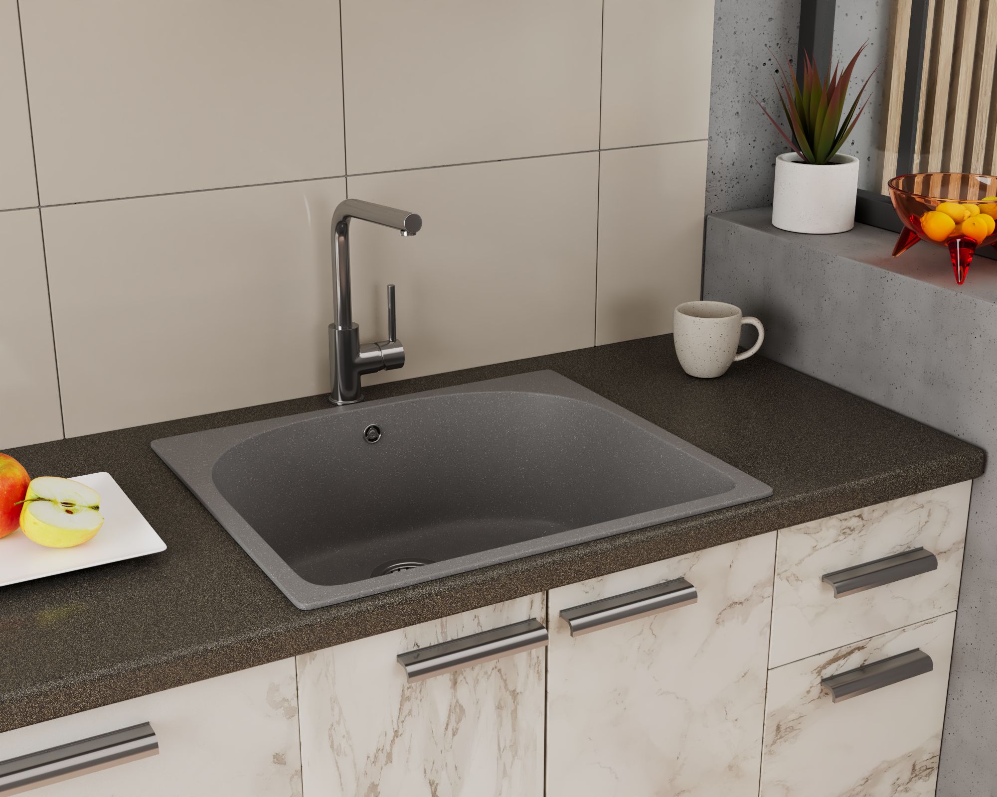 Мойка для кухни BAU Mif Gray stone 59х51, выпуск с сифоном в комплекте, серый камень