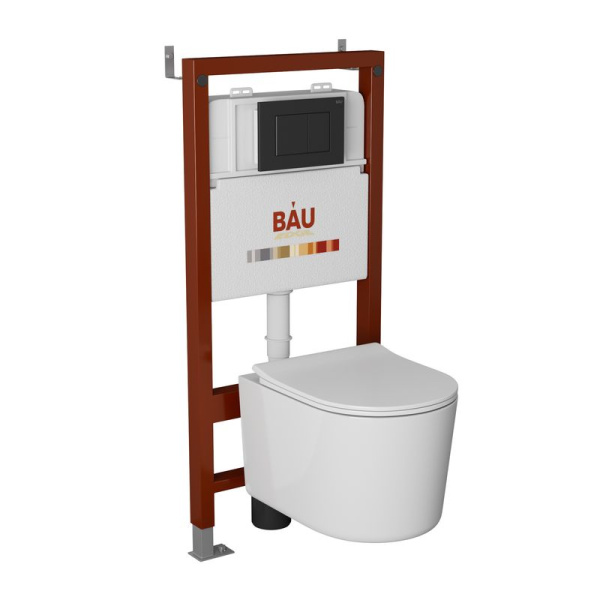 Комплект BAU 6 в 1: инсталляция BAU PRO, унитаз подвесной безободковый Bau Hotel PRO, сиденье быстросъемное микролифт, клавиша Stil, черный матовый