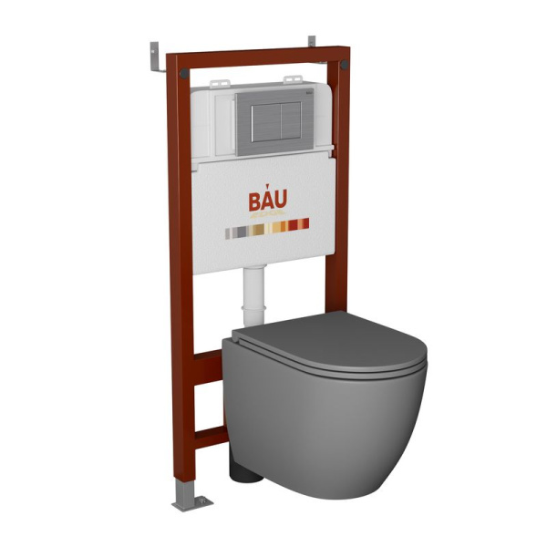 Комплект BAU 6 в 1: инсталляция BAU PRO, унитаз подвесной безободковый торнадо обратного потока Bau Dream 52х36 Hurricane-2, сиденье дюропласт микролифт, кнопка смыва BAU Stil сатин