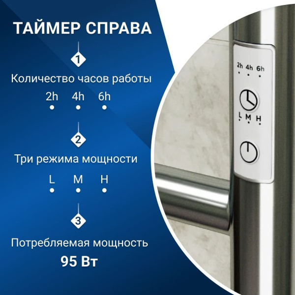 Полотенцесушитель электрический Маргроид BAU В10 40х80, П8 (3+3+2) с таймером справа, скрытый монтаж
