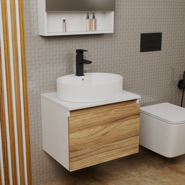 Комплект для ванной, 3 предмета (Тумба подвесная Bau Blackwood 60 + Раковина BAU 51х41, с отв. под см-ль, Смеситель Hotel Black, черный)