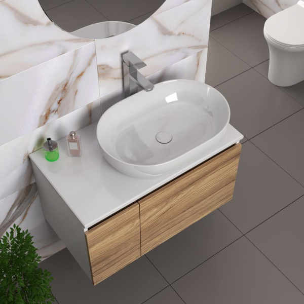 Комплект для ванной, 4 предмета (Тумба подвесная Bau Blackwood 80 + Раковина BAU 59х40 + Смеситель высокий Hotel Still, нерж. сталь, выпуск белый)