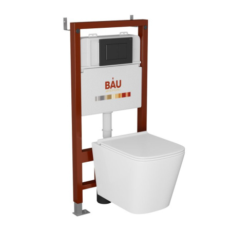 Комплект BAU 6 в 1: инсталляция BAU PRO, унитаз подвесной безободковый Bau Stil PRO, сиденье быстросъемное микролифт, клавиша BAU Stil, черный матовый