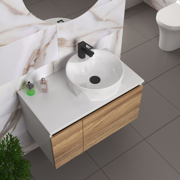 Комплект для ванной, 4 предмета (Тумба подвесная Bau Blackwood 80 + Раковина BAU D40, с отв. под см-ль + Смеситель Cerama Black, выпуск черный)