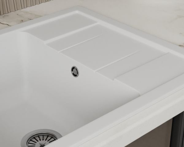 Мойка для кухни оборачиваемая с крылом BAU Stil White snow 61х50, выпуск с сифоном в комплекте, белый снег