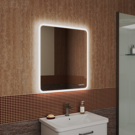 Зеркало с часами и LED подсветкой Bau Stil 70х80, сенсорное управление, пластиковый защитный корпус