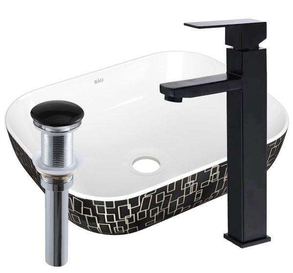 Раковина накладная прямоугольная BAU Stil 50х40 + смеситель Hotel Black, черный и выпуск клик-клак черный