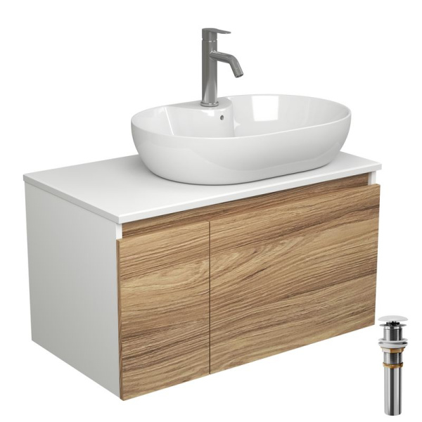 Комплект для ванной, 4 предмета (Тумба подвесная Bau Blackwood 80 + Раковина BAU 60х42, с отв. под см-ль + Смеситель Dream, нерж. сталь, выпуск белый)