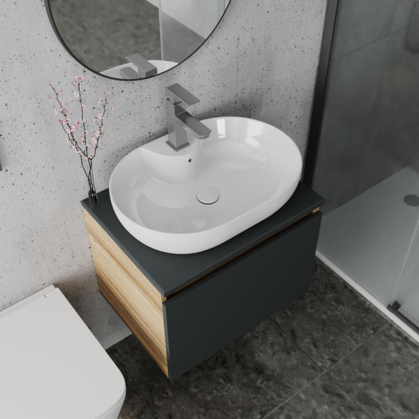 Комплект для ванной, 4 предмета (Тумба подвесная Bau Blackwood 60 графит + Раковина BAU 60х42, с отв. под см-ль + Смеситель Hotel Still, выпуск белый)