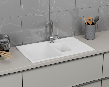 Мойка для кухни оборачиваемая полуторная чаша с крылом BAU Stil White snow 77х50, выпуск с сифоном в комплекте, белый снег