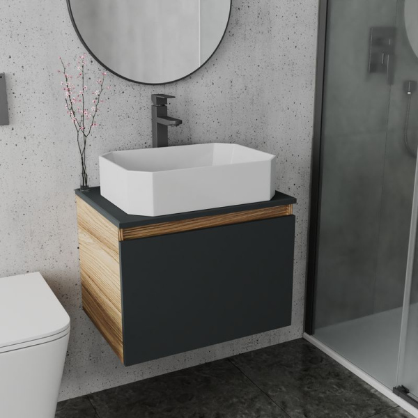 Комплект для ванной, 3 предмета (Тумба подвесная Bau Blackwood 60 графит + Раковина BAU Hotel 51х37, Смеситель высокий Hotel Black, черный)