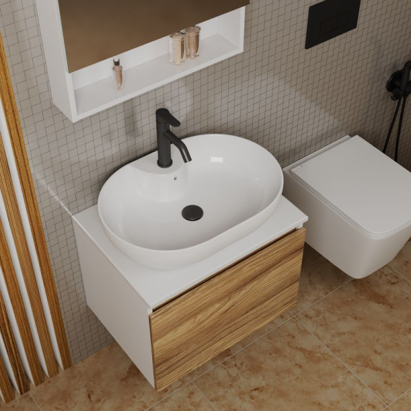 Комплект для ванной, 4 предмета (Тумба подвесная Bau Blackwood 60 + Раковина BAU 60х42, с отв. под см-ль + Смеситель Dream Black, выпуск черный)