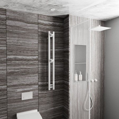 Полотенцесушитель дизайнерский электрический, профильный BAU Stella Square 10х120, 2 коллектора, 2 крючка, белый полуматовый