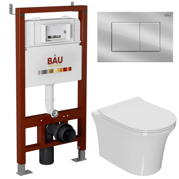 Комплект BAU 6 в 1: инсталляция BAU PRO, унитаз подвесной безободковый Bau Spectrum PRO, сиденье быстросъемное микролифт, клавиша BAU Stil, хром