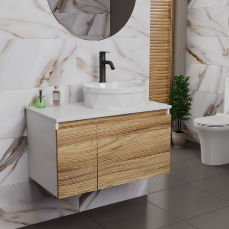 Комплект для ванной, 3 предмета (Тумба подвесная Bau Blackwood 80 + Раковина BAU D40, с отв. под см-ль, Смеситель Dream Black, черный)