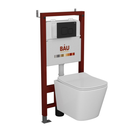 Комплект BAU 6 в 1: инсталляция BAU PRO, Унитаз подвесной безободковый Bau Stil 49x35, сиденье дюропласт микролифт, клавиша BAU Soul, черная матовая