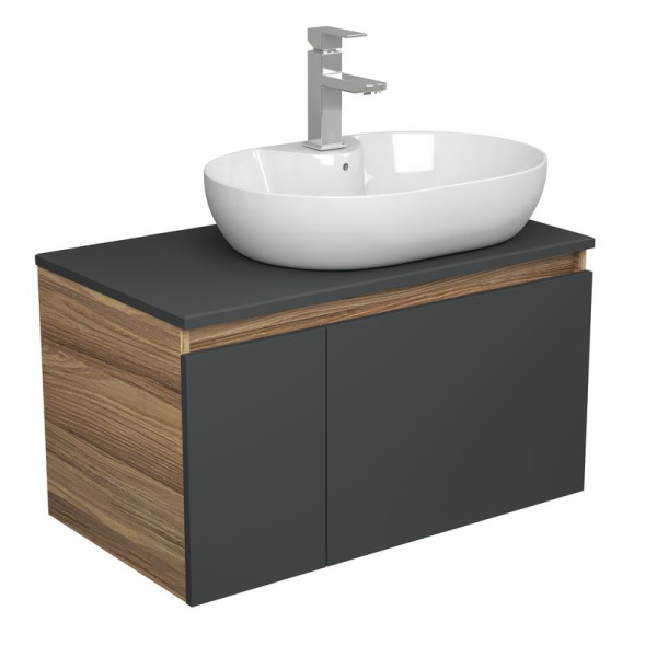 Комплект для ванной, 3 предмета (Тумба подвесная Bau Blackwood 80 графит + Раковина BAU 60х42, с отв. под см-ль, Смеситель Hotel Still, нерж. сталь)
