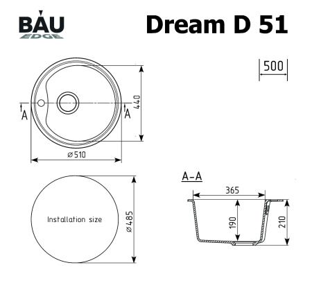 Мойка для кухни BAU Dream Black coal D 51, выпуск с сифоном в комплекте, черный уголь