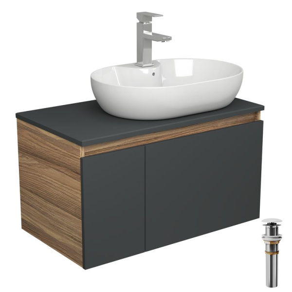 Комплект для ванной, 4 предмета (Тумба подвесная Bau Blackwood 80 графит + Раковина BAU 60х42, с отв. под см-ль + Смеситель Hotel Still, выпуск белый)