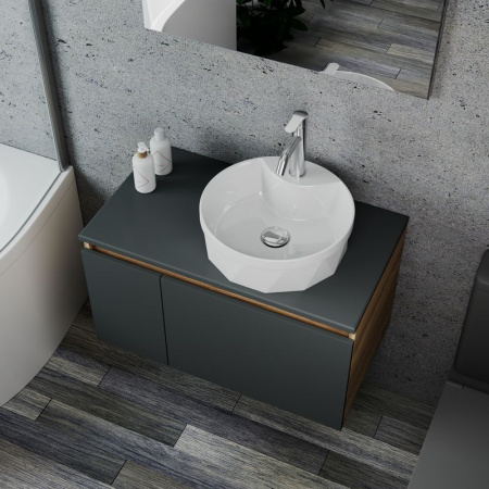 Комплект для ванной, 4 предмета (Тумба подвесная Bau Blackwood 80 графит + Раковина BAU D40, с отв. под см-ль, Смеситель Dream, нерж. сталь, выпуск)