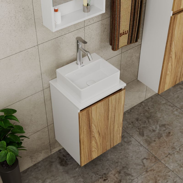 Комплект для ванной, 4 предмета (Тумба под раковину Bau Blackwood 40 + раковина BAU 33х28 + смеситель Dream, нержавеющая сталь, выпуск)