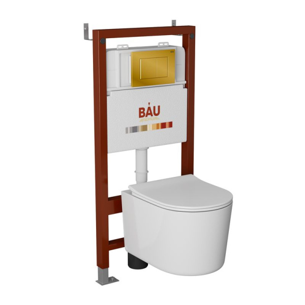 Комплект BAU 6 в 1: инсталляция BAU PRO, унитаз подвесной безободковый Bau Hotel PRO, сиденье быстросъемное микролифт, клавиша BAU Stil, золото