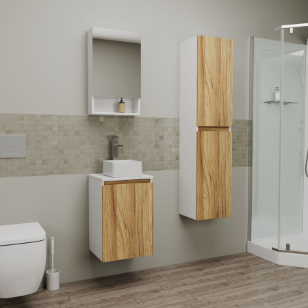 Комплект для ванной, 4 предмета (Тумба Bau Dream Blackwood 40, раковина BAU Mini 24х24, смеситель для раковины высокий Hotel Still, нержавеющая сталь, выпуск клик клак, белый)