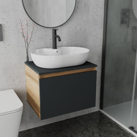 Комплект для ванной, 3 предмета (Тумба подвесная Bau Blackwood 60 графит + Раковина BAU 60х42, с отв. под см-ль, Смеситель Dream Black, черный)