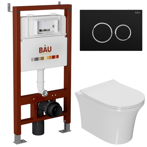 Комплект BAU 6 в 1: инсталляция BAU PRO, унитаз подвесной безободковый Bau Spectrum PRO, сиденье быстросъемное микролифт, клавиша BAU Dream, черный матовый