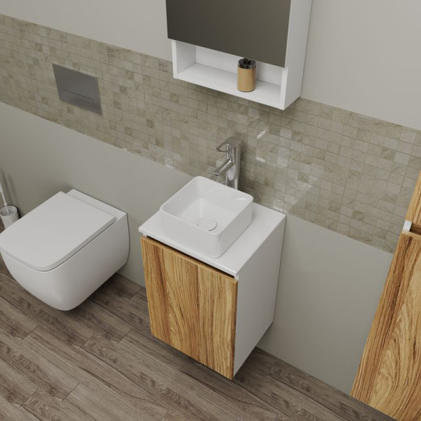Комплект для ванной, 4 предмета (Тумба Bau Dream Blackwood 40, раковина BAU Mini 24х24, смеситель для раковины Diadonna Dream, латунь, выпуск клик клак, белый)