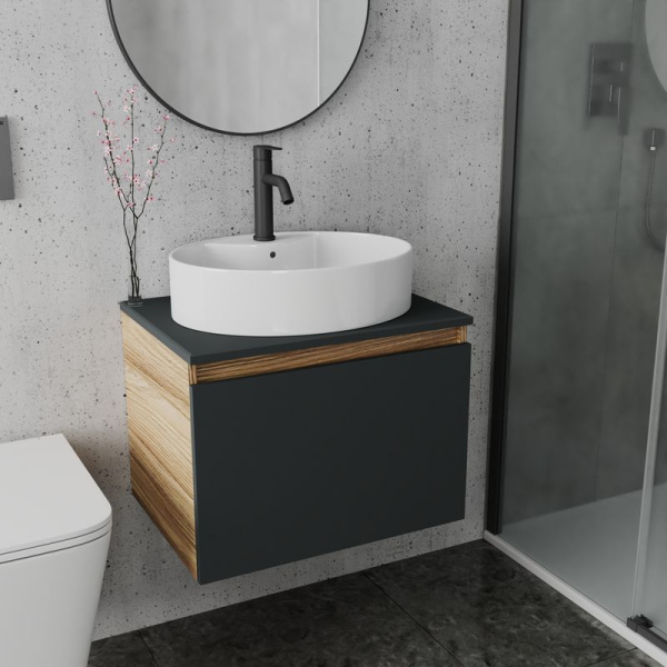 Комплект для ванной, 3 предмета (Тумба подвесная Bau Blackwood 60 графит + Раковина BAU 51х41, с отв. под см-ль, Смеситель Dream Black, черный)