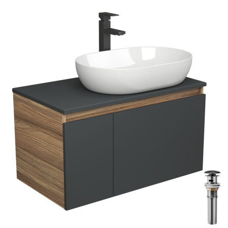 Комплект для ванной, 4 предмета (Тумба подвесная Bau Blackwood 80 графит + Раковина BAU 59х40 + Смеситель высокий Hotel Black, черный, выпуск черный)