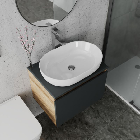 Комплект для ванной, 4 предмета (Тумба подвесная Bau Blackwood 60 графит + Раковина BAU 59х40, Смеситель высокий Hotel Still, нерж. сталь, выпуск)