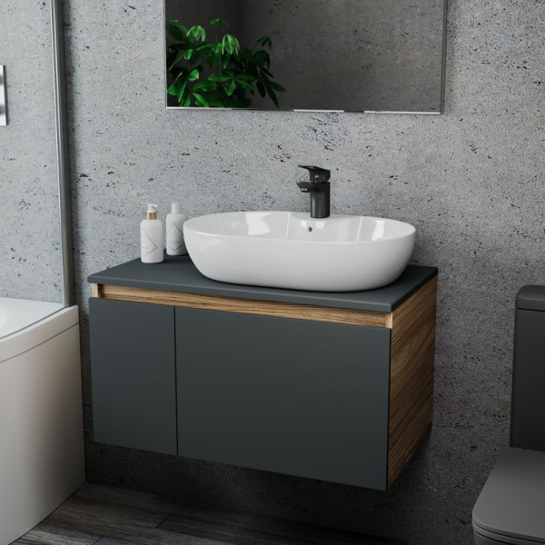 Комплект для ванной, 3 предмета (Тумба подвесная Bau Blackwood 80 графит + Раковина BAU 60х42, с отв. под см-ль, Смеситель Cerama Black, черный)
