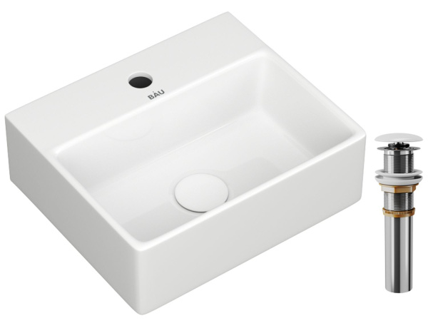 Раковина прямоугольная BAU Cerama Mini 33х28, с отверстием под смеситель, белая + выпуск