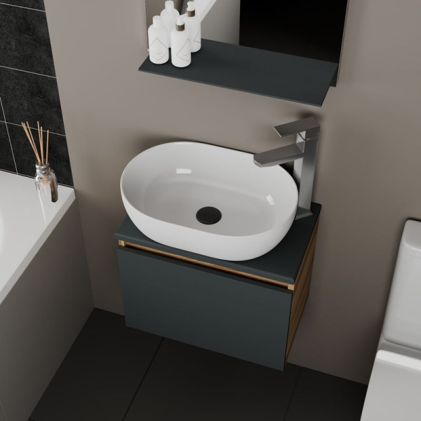 Комплект для ванной, 4 предмета (Тумба подвесная Bau Blackwood 50 графит + Раковина BAU 48х34 + Смеситель Hotel Still, нерж. сталь, выпуск черный)