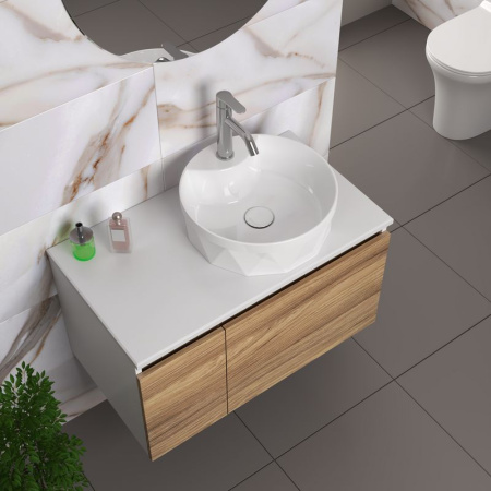 Комплект для ванной, 4 предмета (Тумба подвесная Bau Blackwood 80 + Раковина BAU D40, с отв. под см-ль + Смеситель Dream, нерж. сталь, выпуск белый)