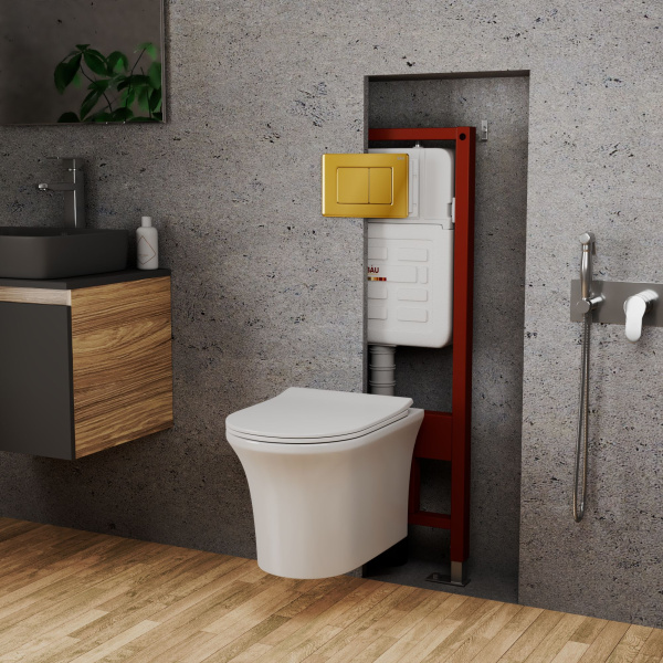 Комплект BAU 6 в 1: усиленная инсталляция BAU IDEAL, унитаз подвесной безободковый Bau Spectrum PRO, сиденье микролифт, клавиша BAU Light антивандальная, нерж. сталь золото