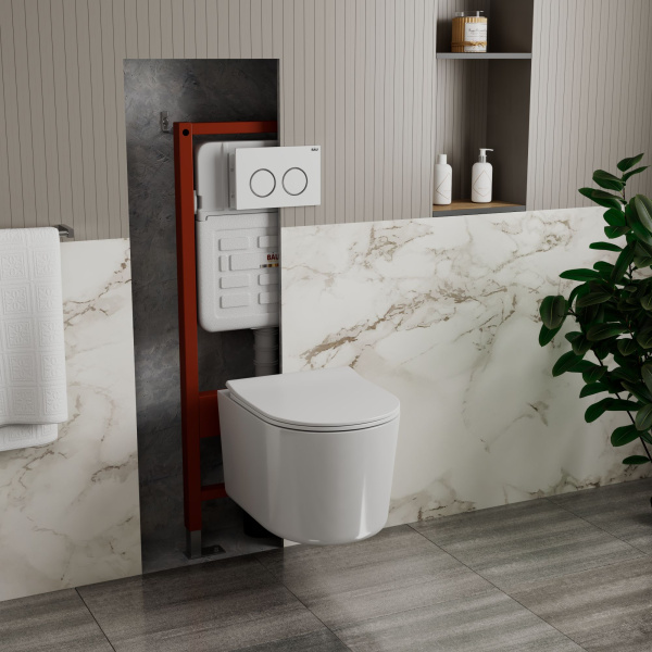 Комплект BAU 6 в 1: усиленная инсталляция BAU IDEAL, унитаз подвесной безободковый Bau Hotel PRO, сиденье микролифт, клавиша BAU Round, белый/хром