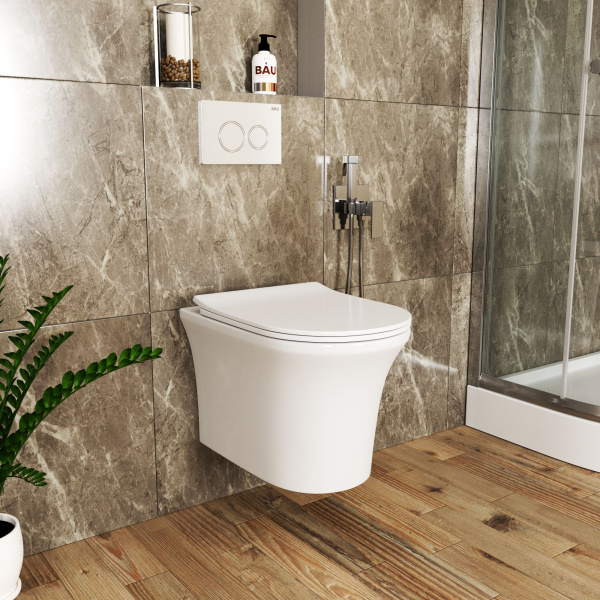 Комплект BAU 6 в 1: усиленная инсталляция BAU IDEAL, унитаз подвесной безободковый Bau Spectrum PRO, сиденье микролифт, клавиша BAU Strike, черная матовая