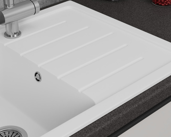 Мойка для кухни оборачиваемая с крылом BAU Stil White snow 75х50, выпуск с сифоном в комплекте, белый снег