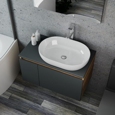 Комплект для ванной, 4 предмета (Тумба подвесная Bau Blackwood 80 графит + Раковина BAU 59х40, Смеситель высокий Hotel Still, нерж. сталь, выпуск)
