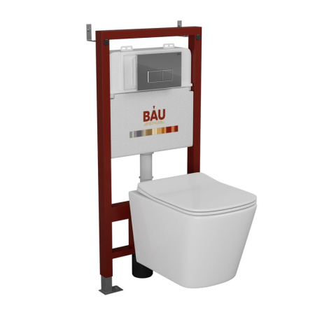 Комплект BAU 6 в 1: инсталляция BAU PRO, Унитаз подвесной безободковый Bau Stil 49x35, сиденье дюропласт микролифт, клавиша BAU Hotel, хром
